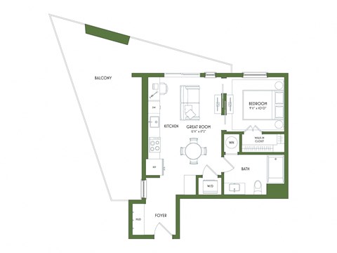 Floor plan for 1 bed, 1 bath, 543 sqft